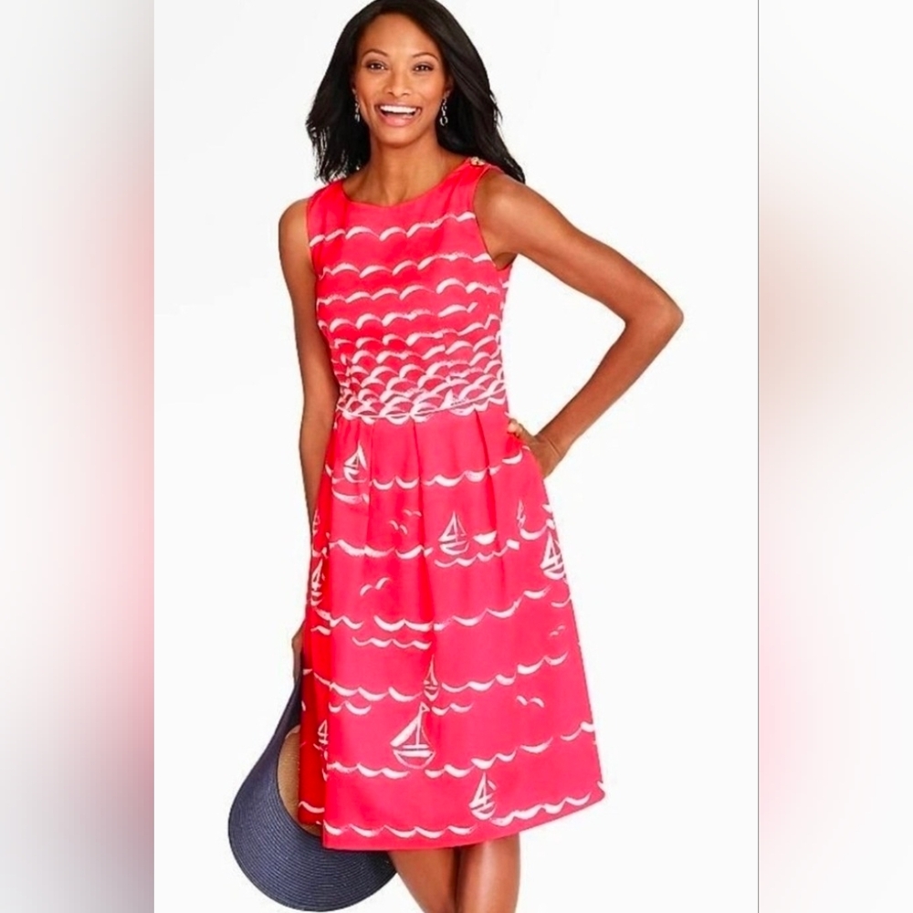 Talbots Coral fit & flare dress sailboats pockets sz 14